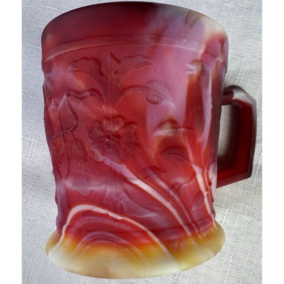 Imperial Glass End Of Day Slag Glass Mug Robins & Flowers Red Yellow White MINT - Picture 2 of 15